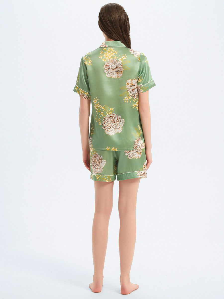 22 Momme Sage Green Floral Printed Women Silk Pajama Shorts Set
