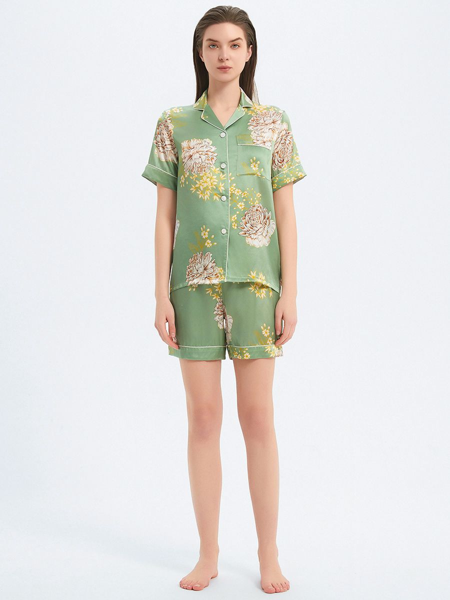 22 Momme Sage Green Floral Printed Women Silk Pajama Shorts Set