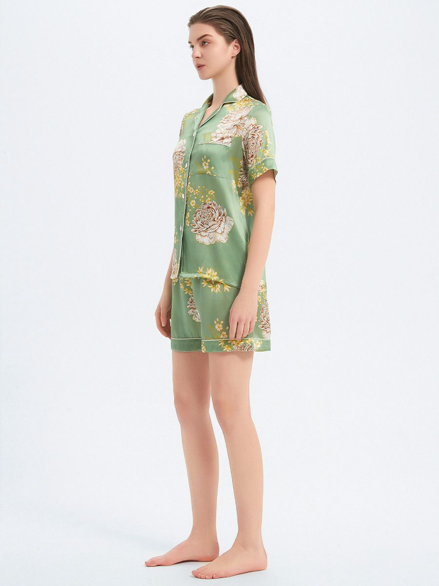 22 Momme Sage Green Floral Printed Women Silk Pajama Shorts Set
