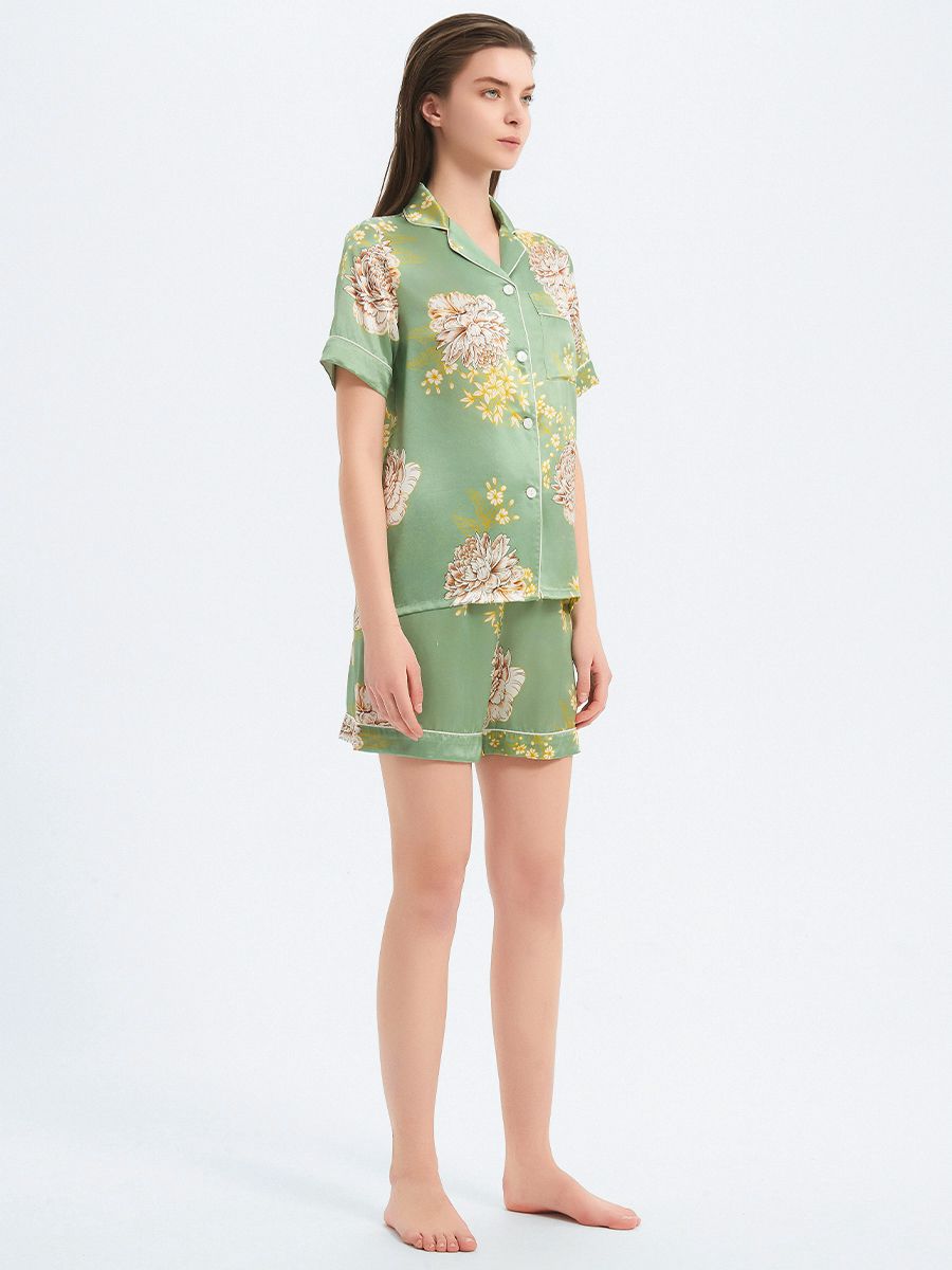 22 Momme Sage Green Floral Printed Women Silk Pajama Shorts Set