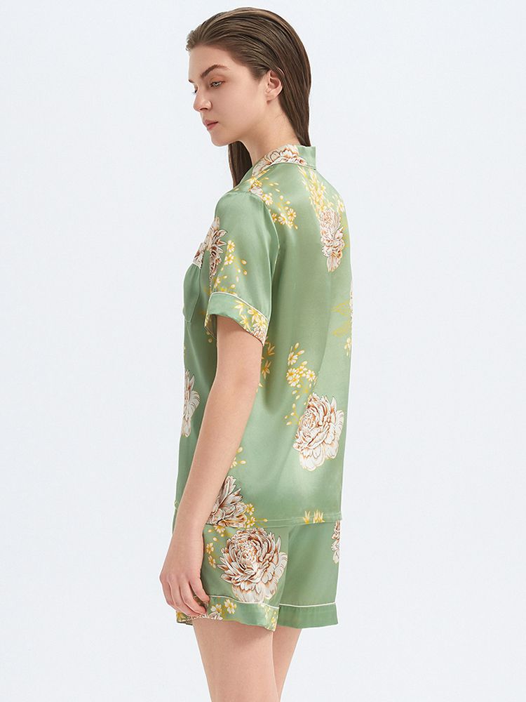 22 Momme Sage Green Floral Printed Women Silk Pajama Shorts Set