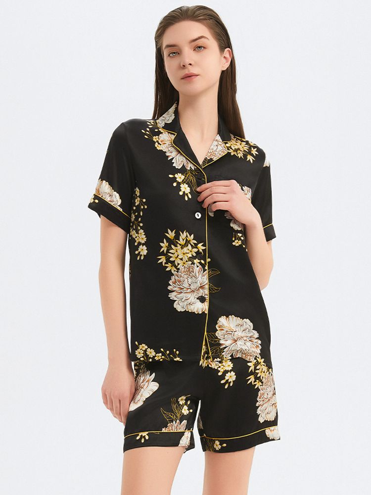 22 Momme Sage Green Floral Printed Women Silk Pajama Shorts Set