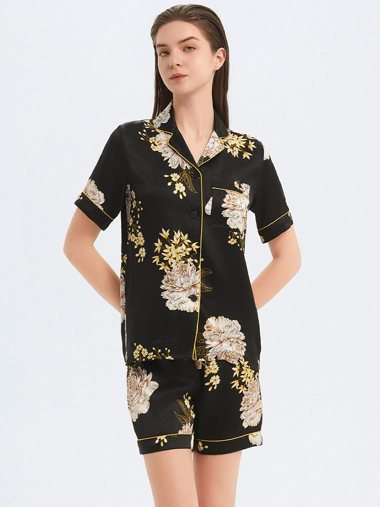 22 Momme Sage Green Floral Printed Women Silk Pajama Shorts Set