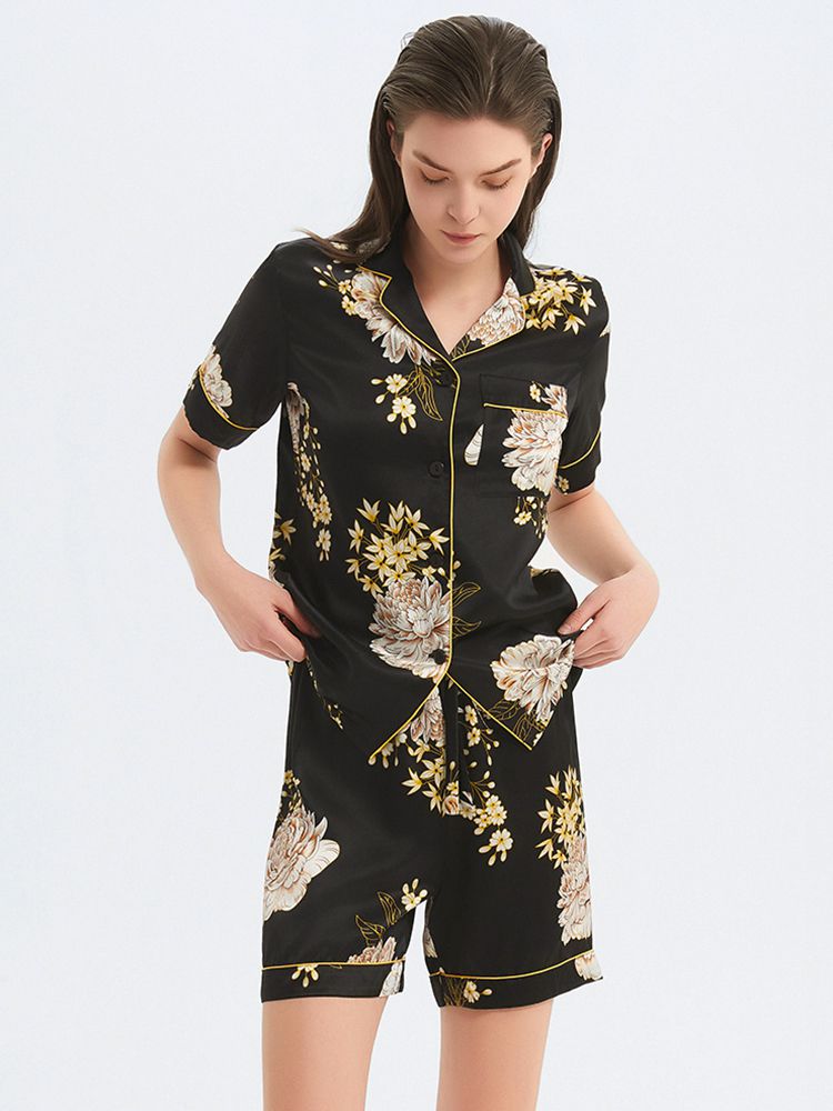 22 Momme Sage Green Floral Printed Women Silk Pajama Shorts Set