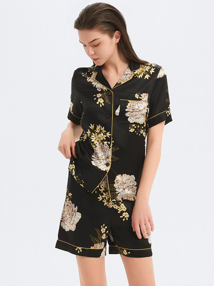 22 Momme Sage Green Floral Printed Women Silk Pajama Shorts Set