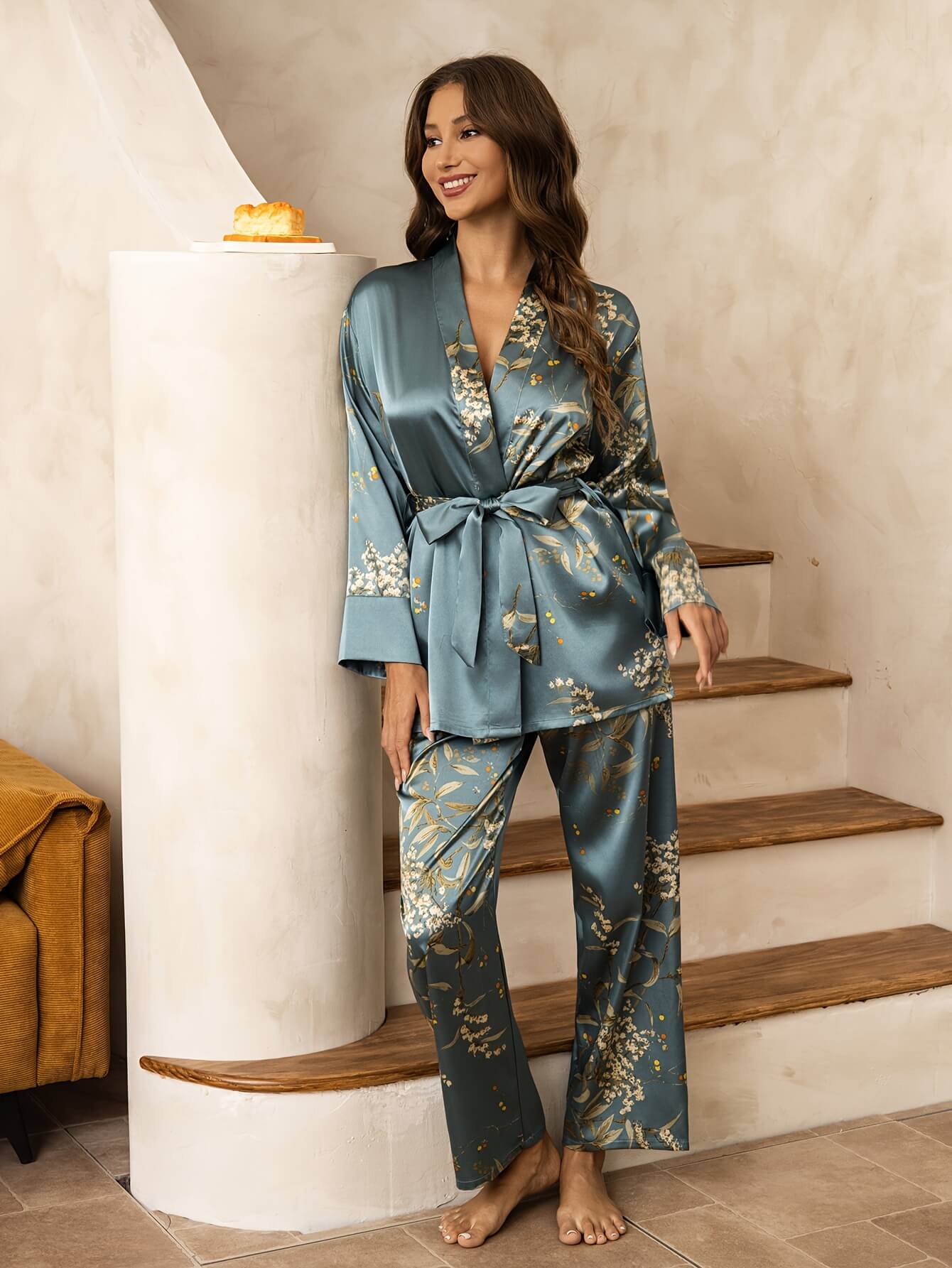 22 Momme Floral Botanical Print Silk Kimono Robe Top PJ Pant Set