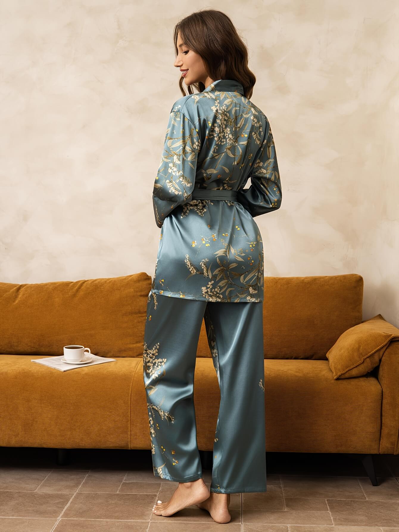 22 Momme Floral Botanical Print Silk Kimono Robe Top PJ Pant Set