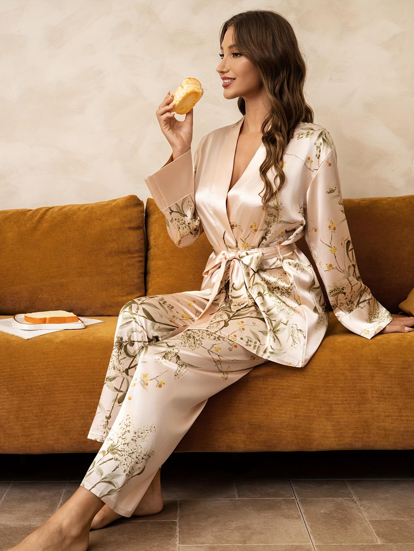 22 Momme Floral Botanical Print Silk Kimono Robe Top PJ Pant Set