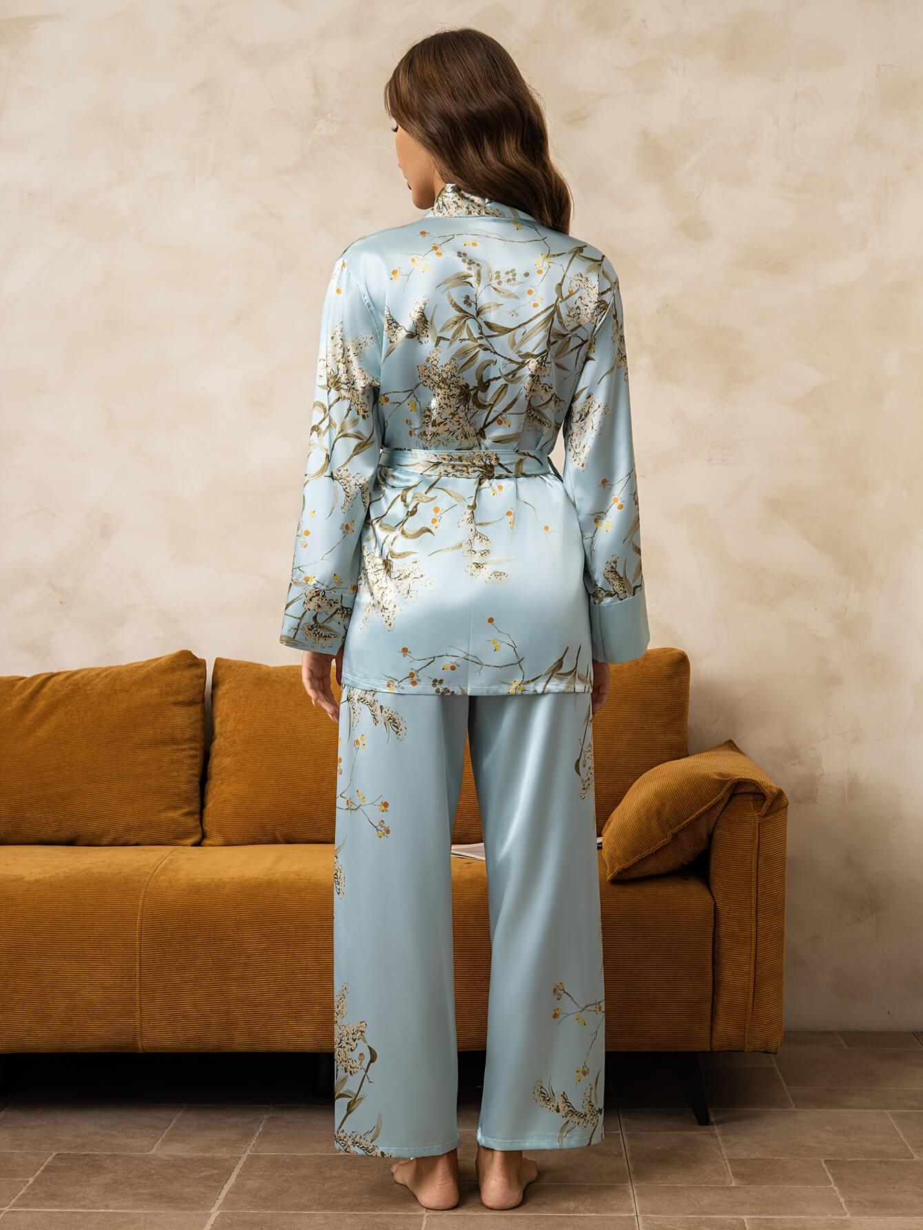 22 Momme Floral Botanical Print Silk Kimono Robe Top PJ Pant Set