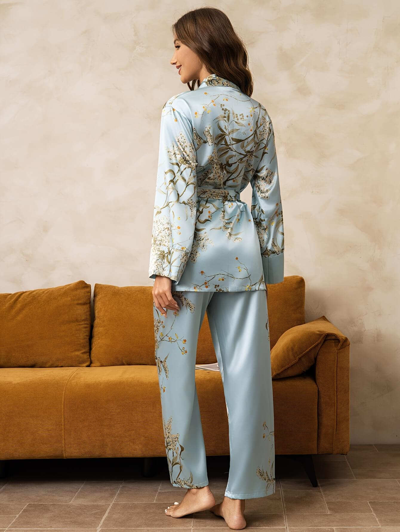 22 Momme Floral Botanical Print Silk Kimono Robe Top PJ Pant Set