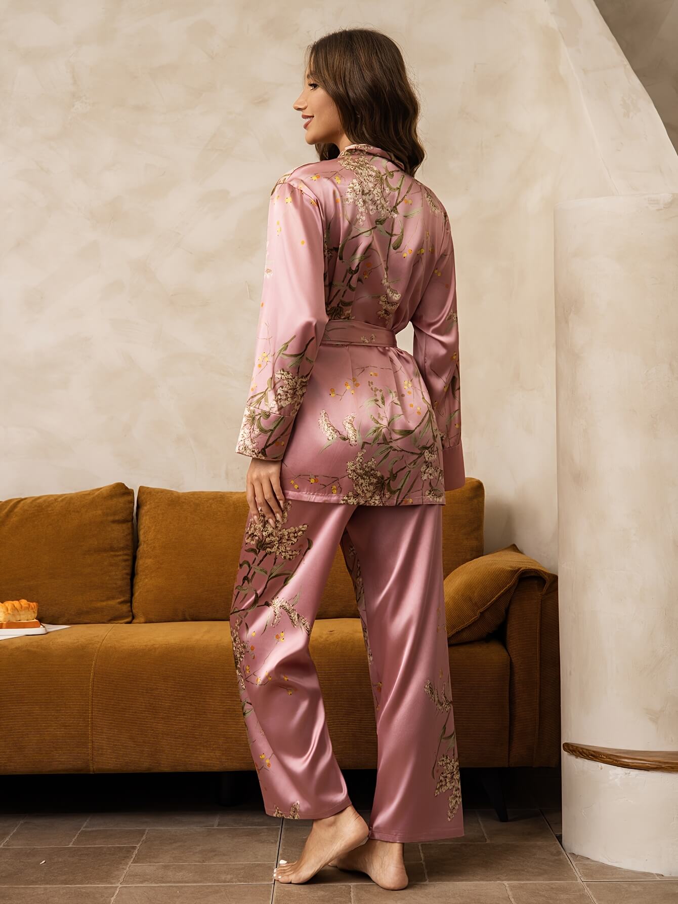22 Momme Floral Botanical Print Silk Kimono Robe Top PJ Pant Set