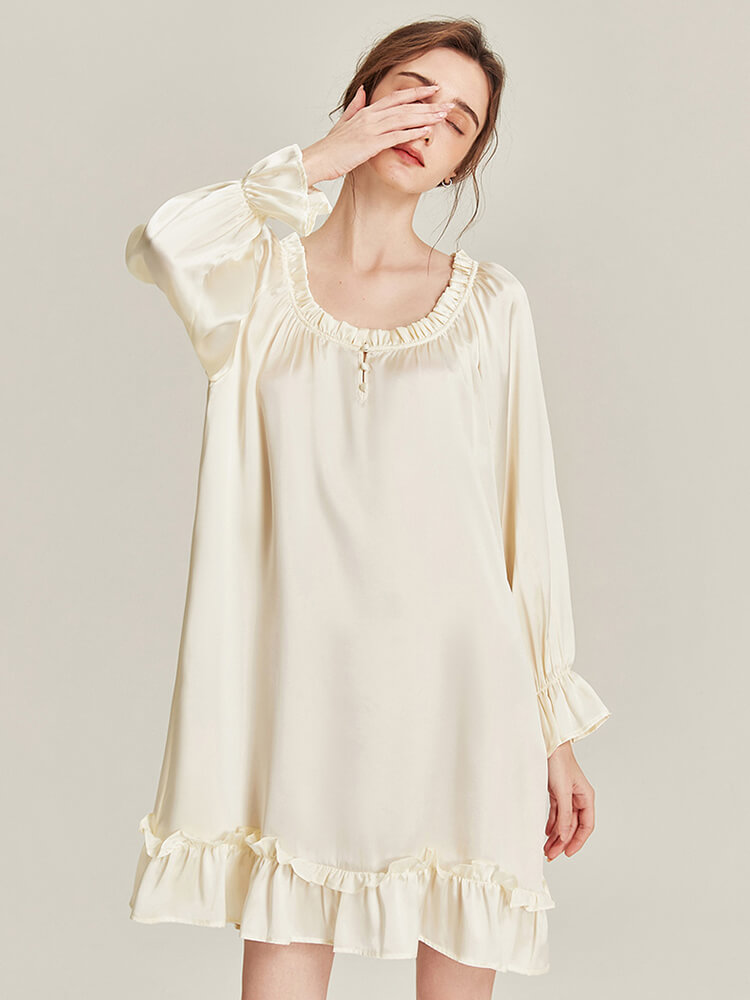 22 Momme Scoop Neck Ruffled Long Sleeve Ivory Silk Nightgown
