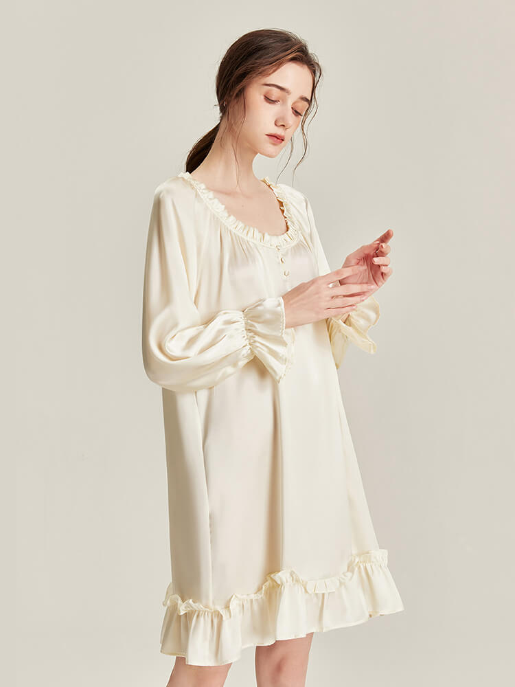 22 Momme Scoop Neck Ruffled Long Sleeve Ivory Silk Nightgown