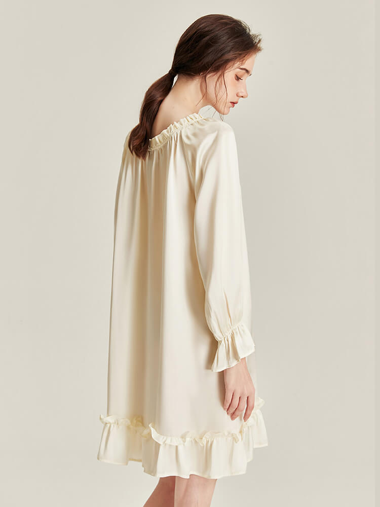 22 Momme Scoop Neck Ruffled Long Sleeve Ivory Silk Nightgown