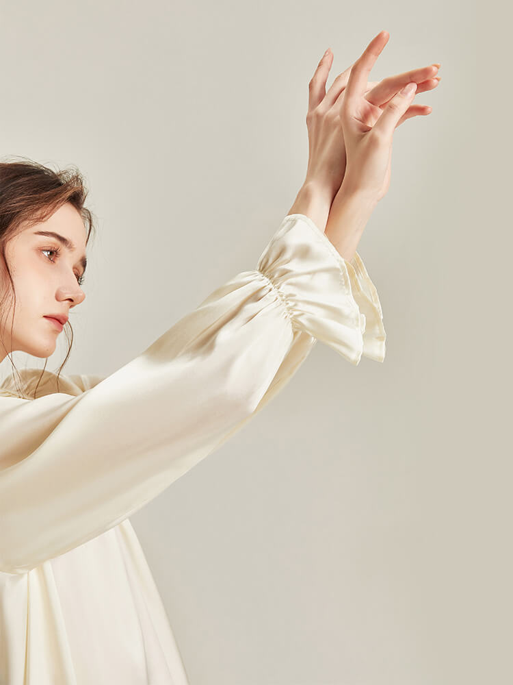 22 Momme Scoop Neck Ruffled Long Sleeve Ivory Silk Nightgown