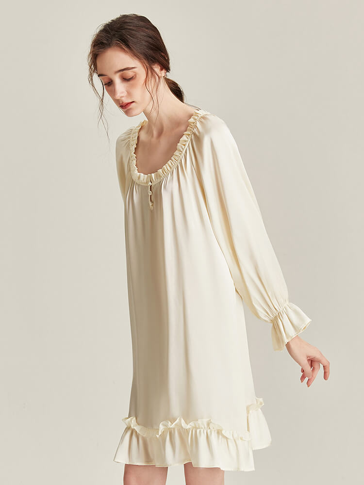 22 Momme Scoop Neck Ruffled Long Sleeve Ivory Silk Nightgown