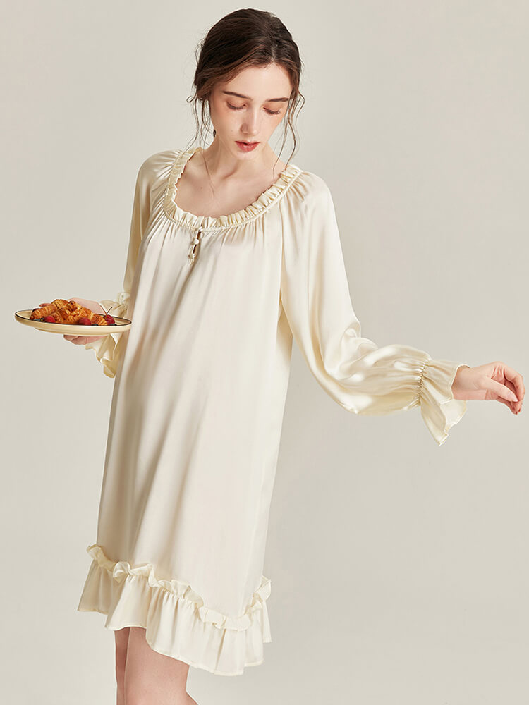 22 Momme Scoop Neck Ruffled Long Sleeve Ivory Silk Nightgown