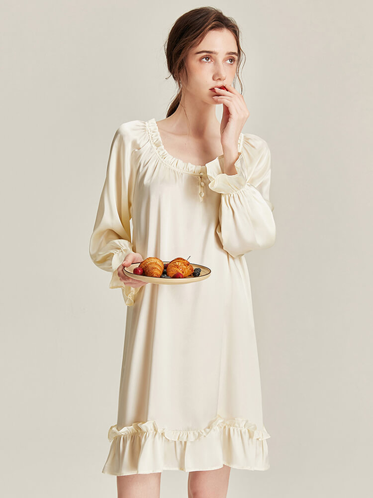 22 Momme Scoop Neck Ruffled Long Sleeve Ivory Silk Nightgown