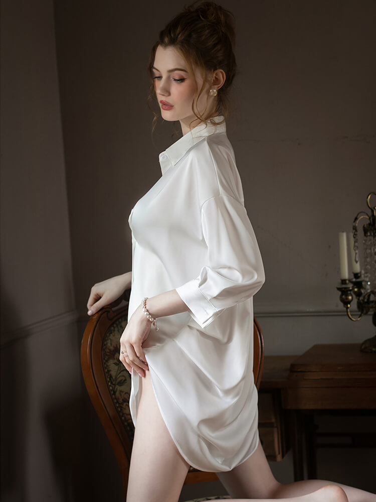 22 Momme Oversized Women Silk Button-Up Boyfriend Nightshirt