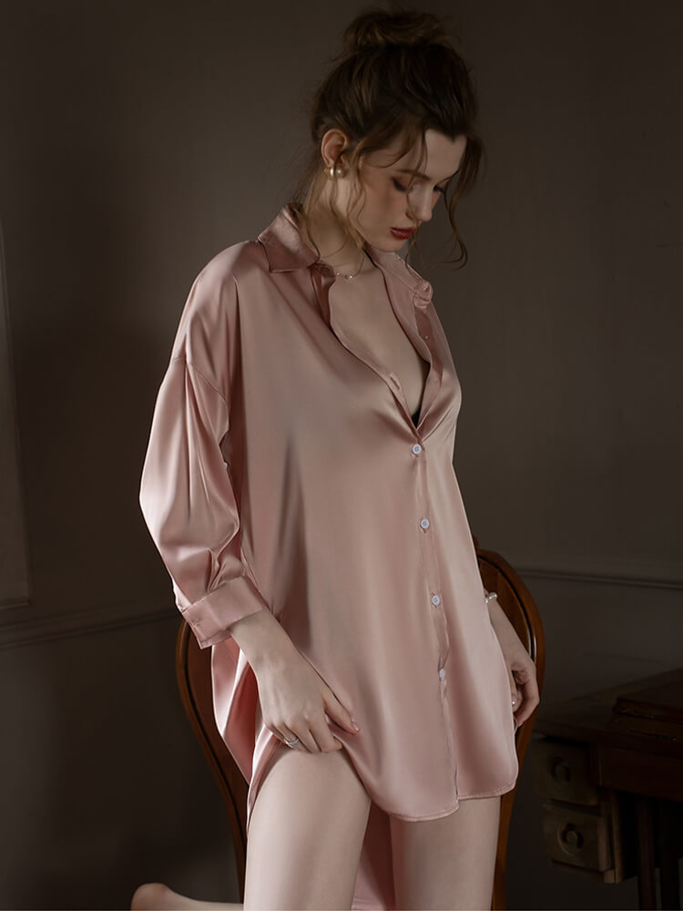 22 Momme Oversized Women Silk Button-Up Boyfriend Nightshirt