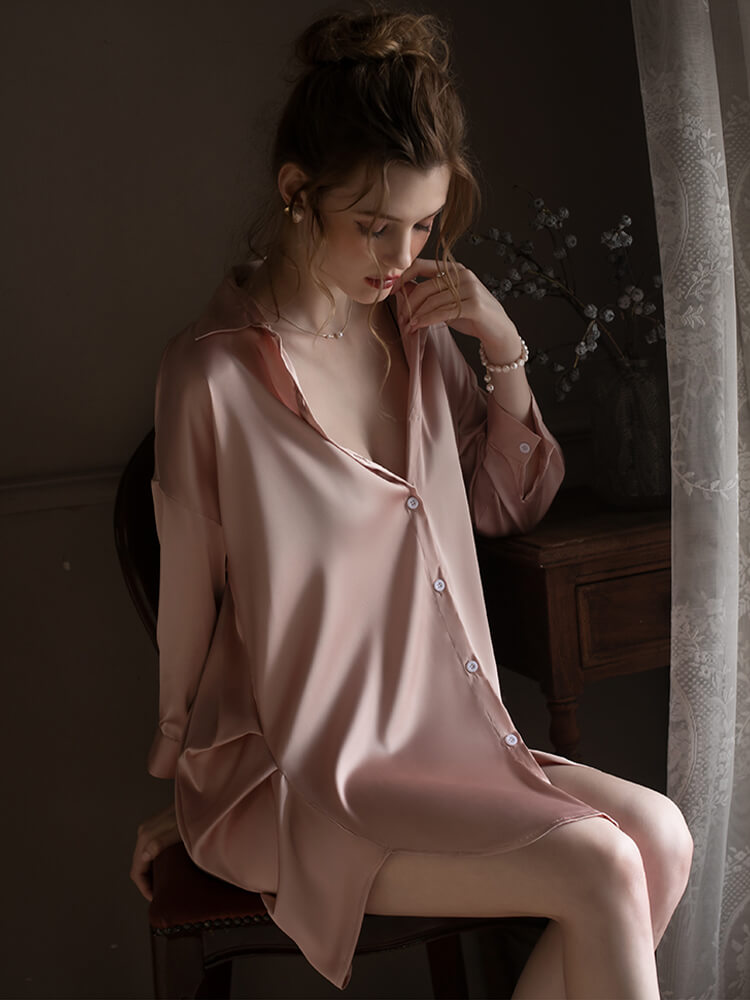 22 Momme Oversized Women Silk Button-Up Boyfriend Nightshirt