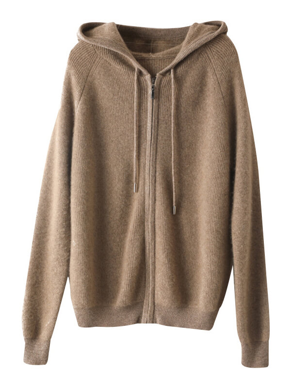 Long Sleeve Zip Hooded Pure Cashmere Cardigan