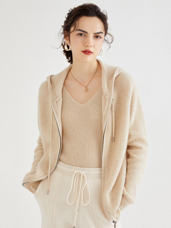 Long Sleeve Zip Hooded Pure Cashmere Cardigan