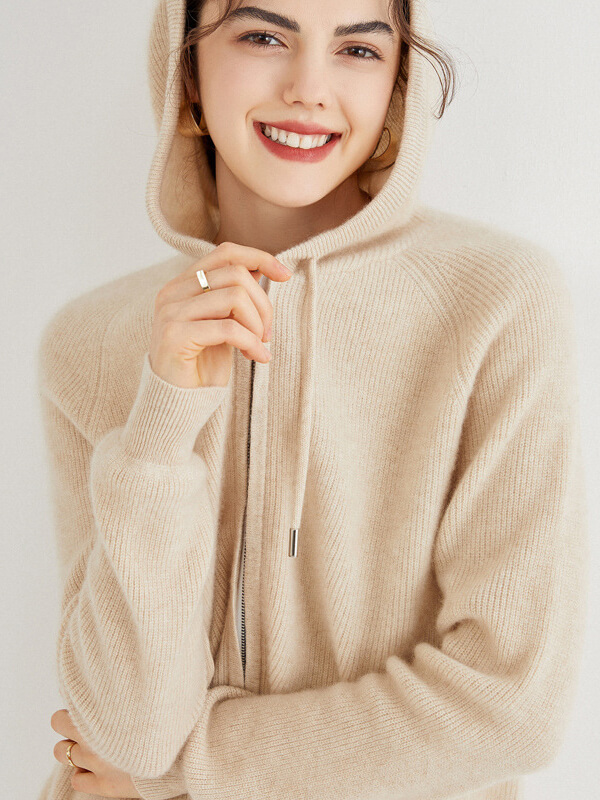 Long Sleeve Zip Hooded Pure Cashmere Cardigan