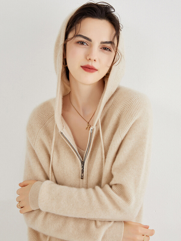 Long Sleeve Zip Hooded Pure Cashmere Cardigan