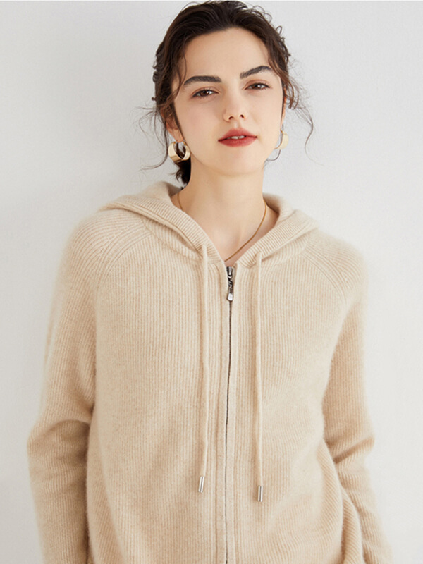 Long Sleeve Zip Hooded Pure Cashmere Cardigan