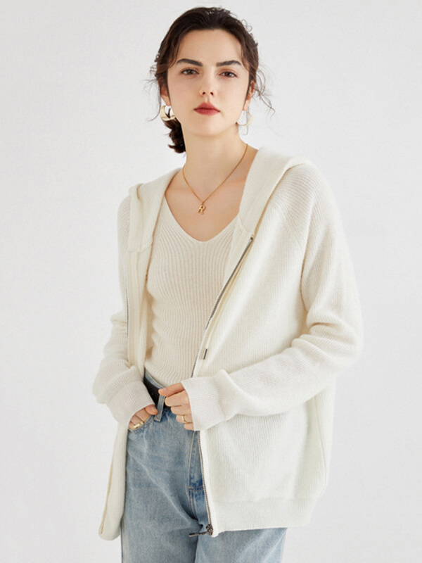 Long Sleeve Zip Hooded Pure Cashmere Cardigan