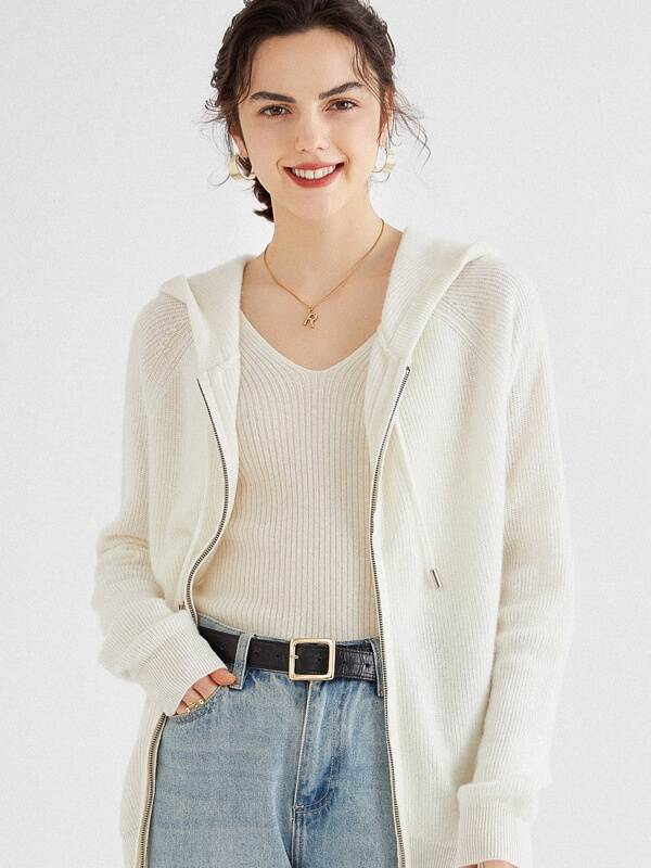 Long Sleeve Zip Hooded Pure Cashmere Cardigan