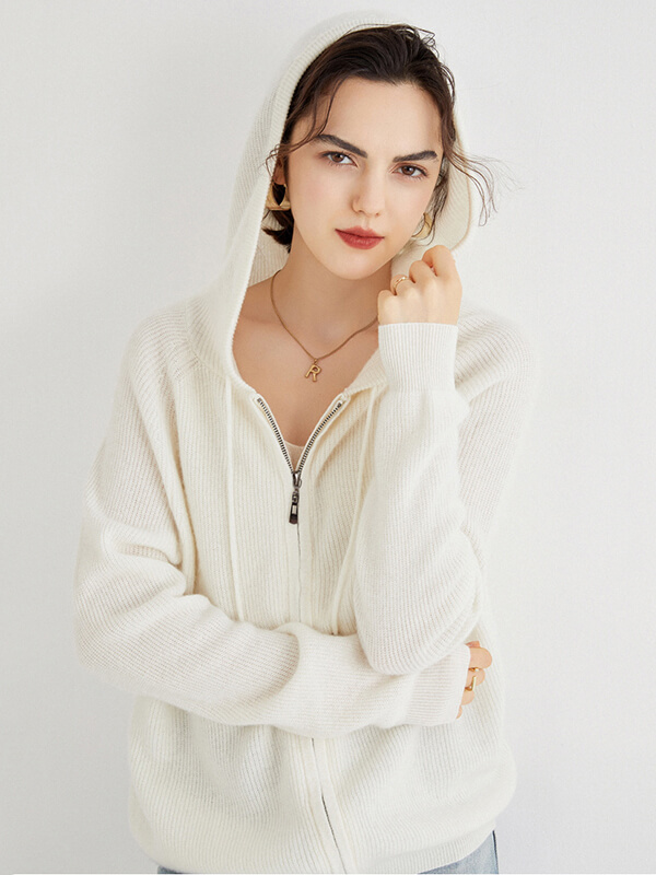 Long Sleeve Zip Hooded Pure Cashmere Cardigan