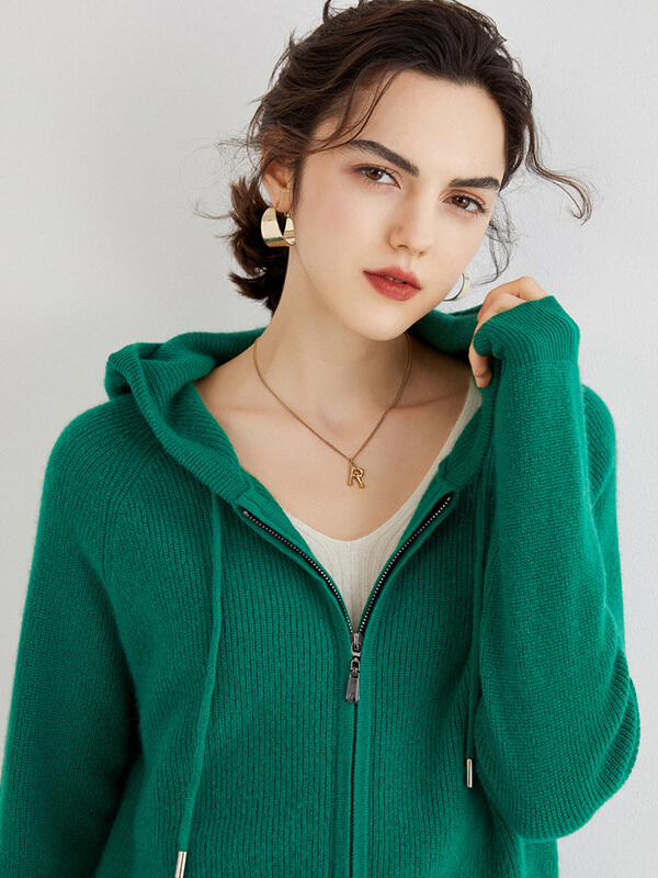 Long Sleeve Zip Hooded Pure Cashmere Cardigan
