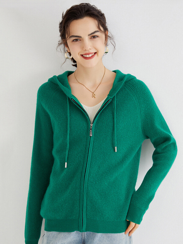 Long Sleeve Zip Hooded Pure Cashmere Cardigan