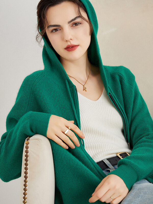 Long Sleeve Zip Hooded Pure Cashmere Cardigan