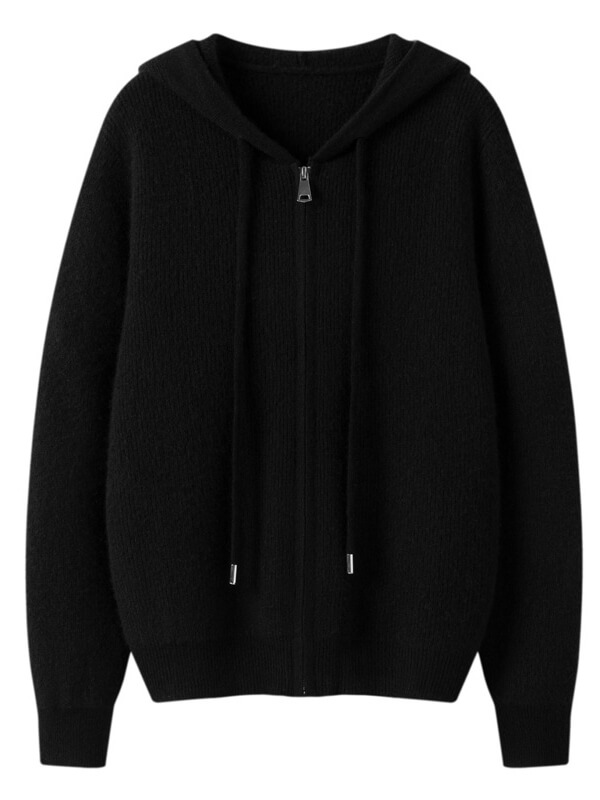 Long Sleeve Zip Hooded Pure Cashmere Cardigan