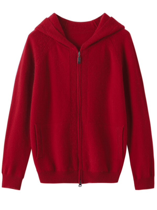 Long Sleeve Zip Hooded Pure Cashmere Cardigan