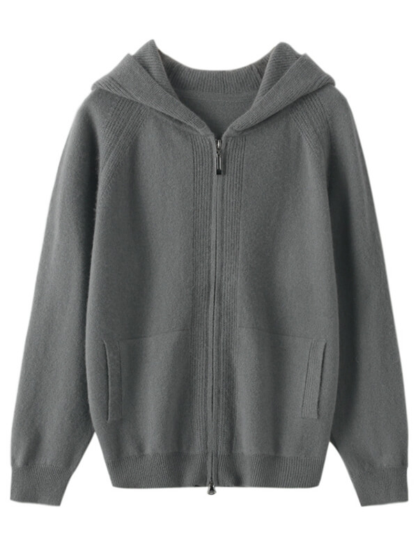 Long Sleeve Zip Hooded Pure Cashmere Cardigan