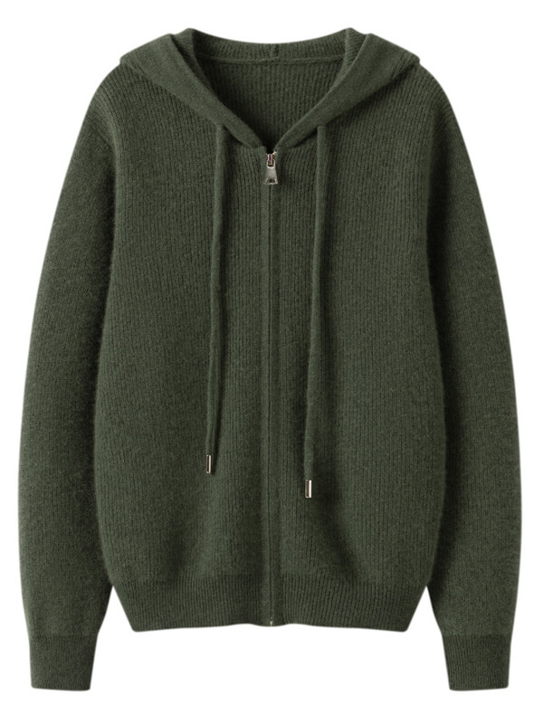 Long Sleeve Zip Hooded Pure Cashmere Cardigan