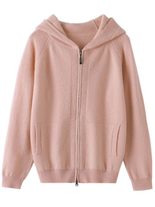 Long Sleeve Zip Hooded Pure Cashmere Cardigan