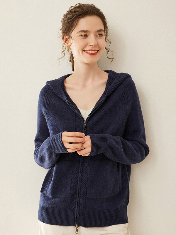 Long Sleeve Zip Hooded Pure Cashmere Cardigan