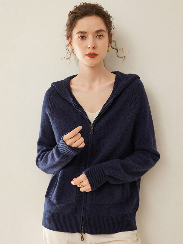 Long Sleeve Zip Hooded Pure Cashmere Cardigan