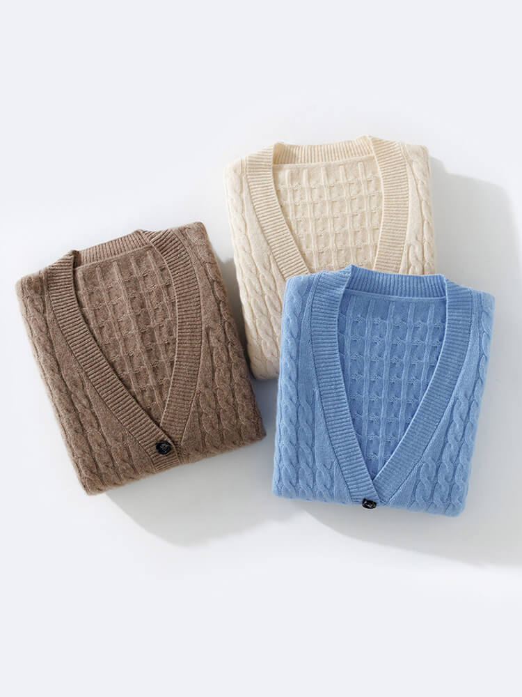 Casual Cable Knit V Neck Cashmere Cardigan Sweater