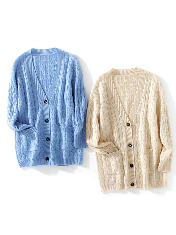 Casual Cable Knit V Neck Cashmere Cardigan Sweater