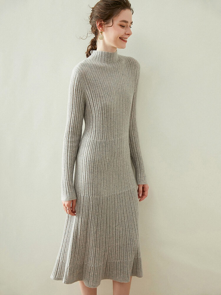 Long Sleeve Ribbed Cashmere Mock Neck Midi Dress
