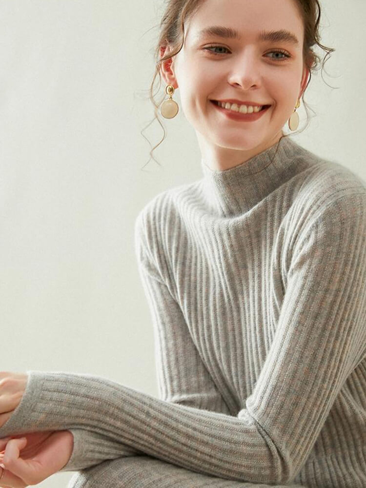 Long Sleeve Ribbed Cashmere Mock Neck Midi Dress