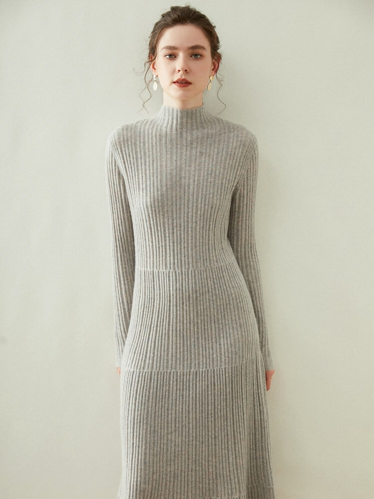 Long Sleeve Ribbed Cashmere Mock Neck Midi Dress