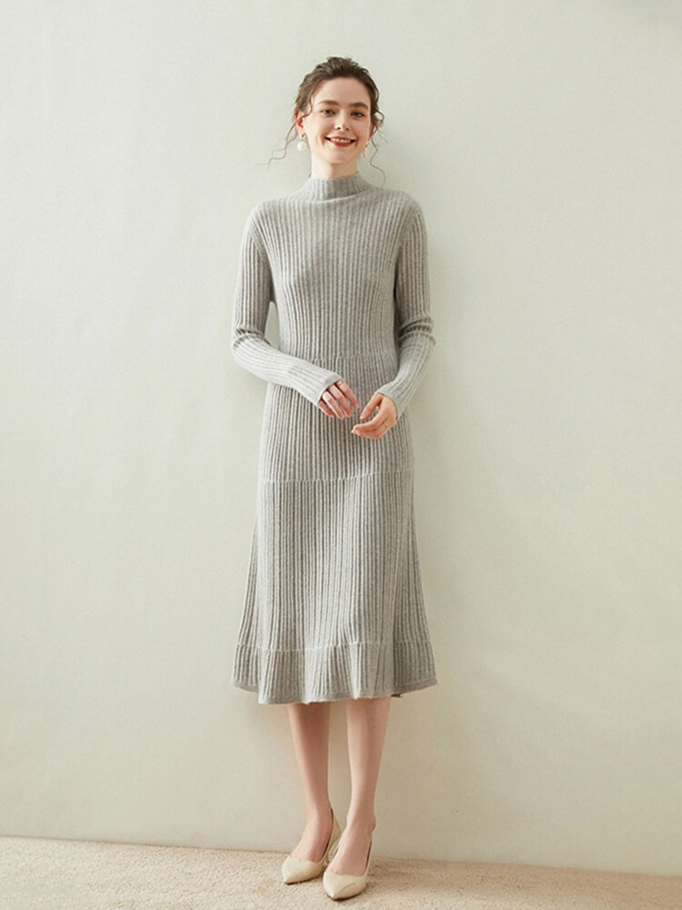 Long Sleeve Ribbed Cashmere Mock Neck Midi Dress