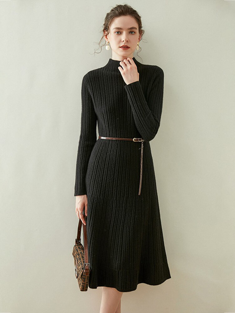 Long Sleeve Ribbed Cashmere Mock Neck Midi Dress